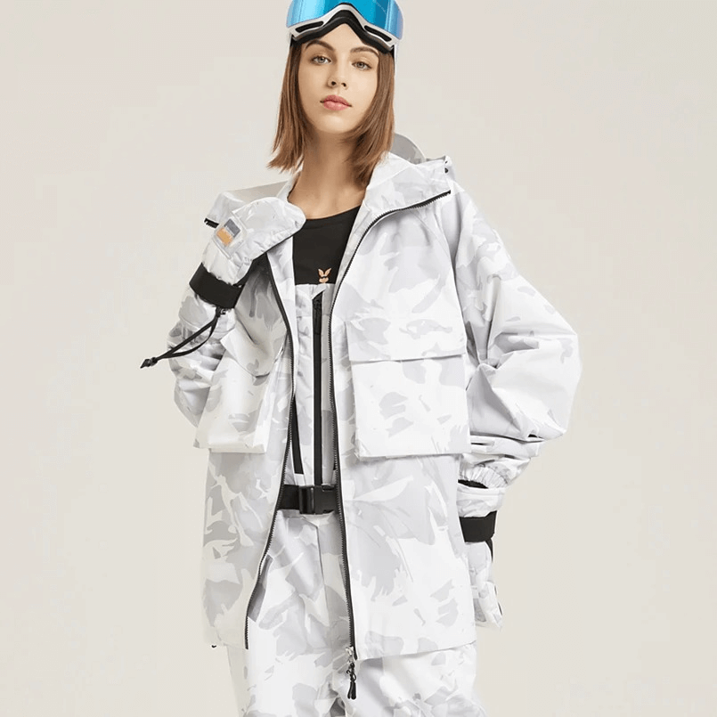Woman wearing white Two-Way Zip Thick Warm Skiing Jacket SF1859 with large plaid pockets and hood, perfect for winter activities.
